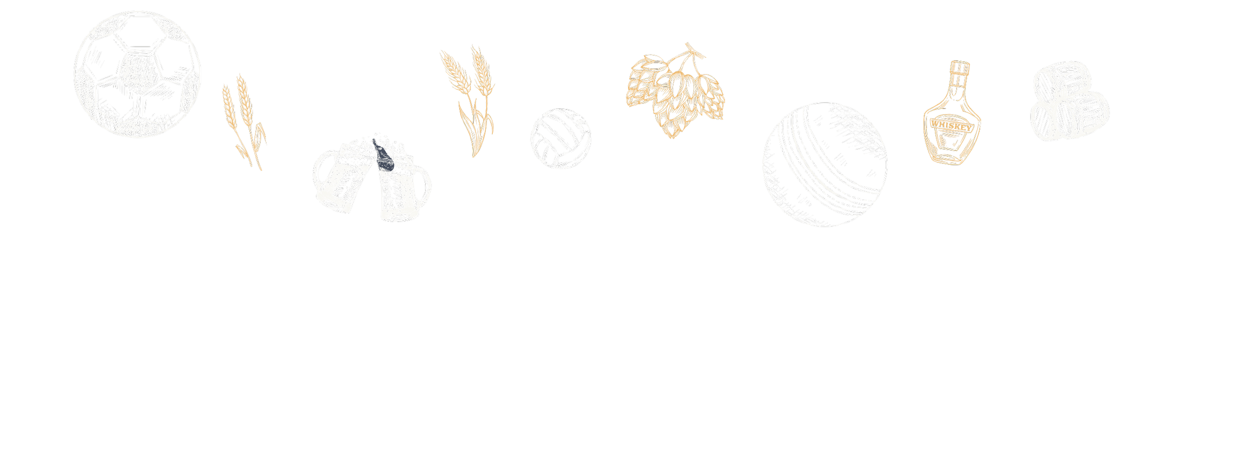 Illustration of sports and beverage items including a soccer ball, wheat stalks, beer mugs, a volleyball, hops, whiskey bottle, and beer cans on a black background.