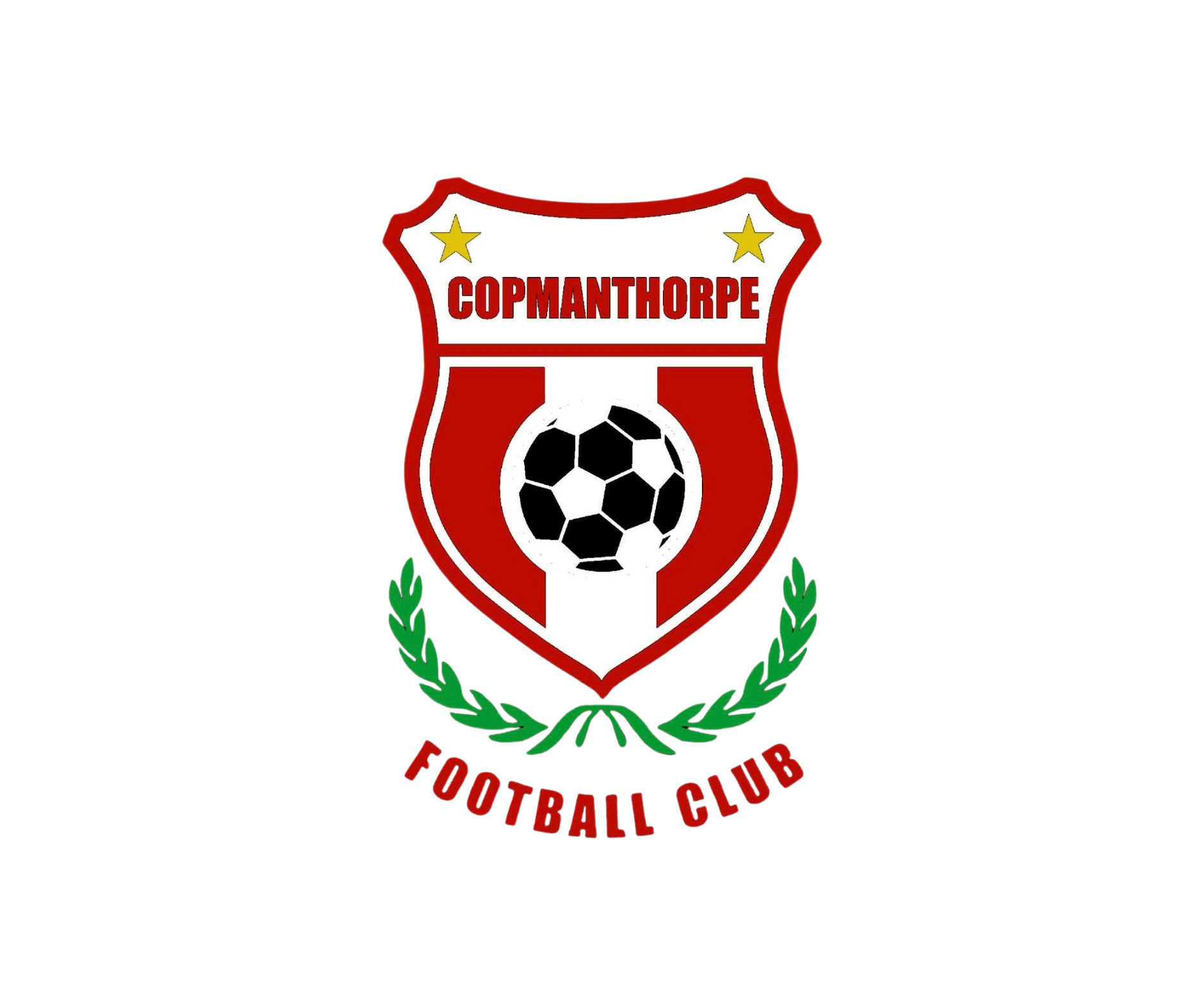Football club crest for Copmanthorpe Football Club, featuring a shield with a soccer ball in the center, two yellow stars above, and green laurel branches at the bottom.