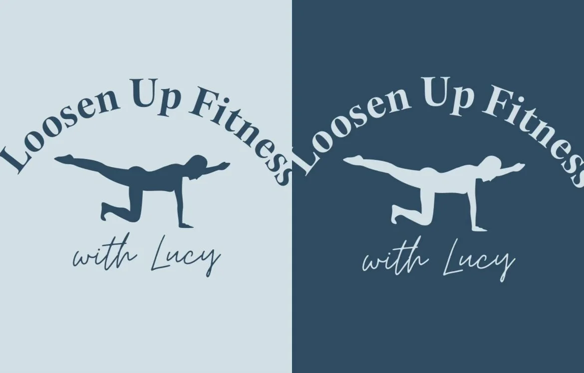 Logo with a person doing a yoga pose, with the text 'Loosen Up Fitness with Lucy' in a curved font, on a split light and dark blue background.