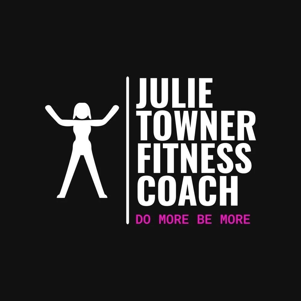 Logo for Julie Towner Fitness Coach featuring a stylized female figure with arms raised, with text "Julie Towner Fitness Coach" and the slogan "Do More Be More" on a black background.