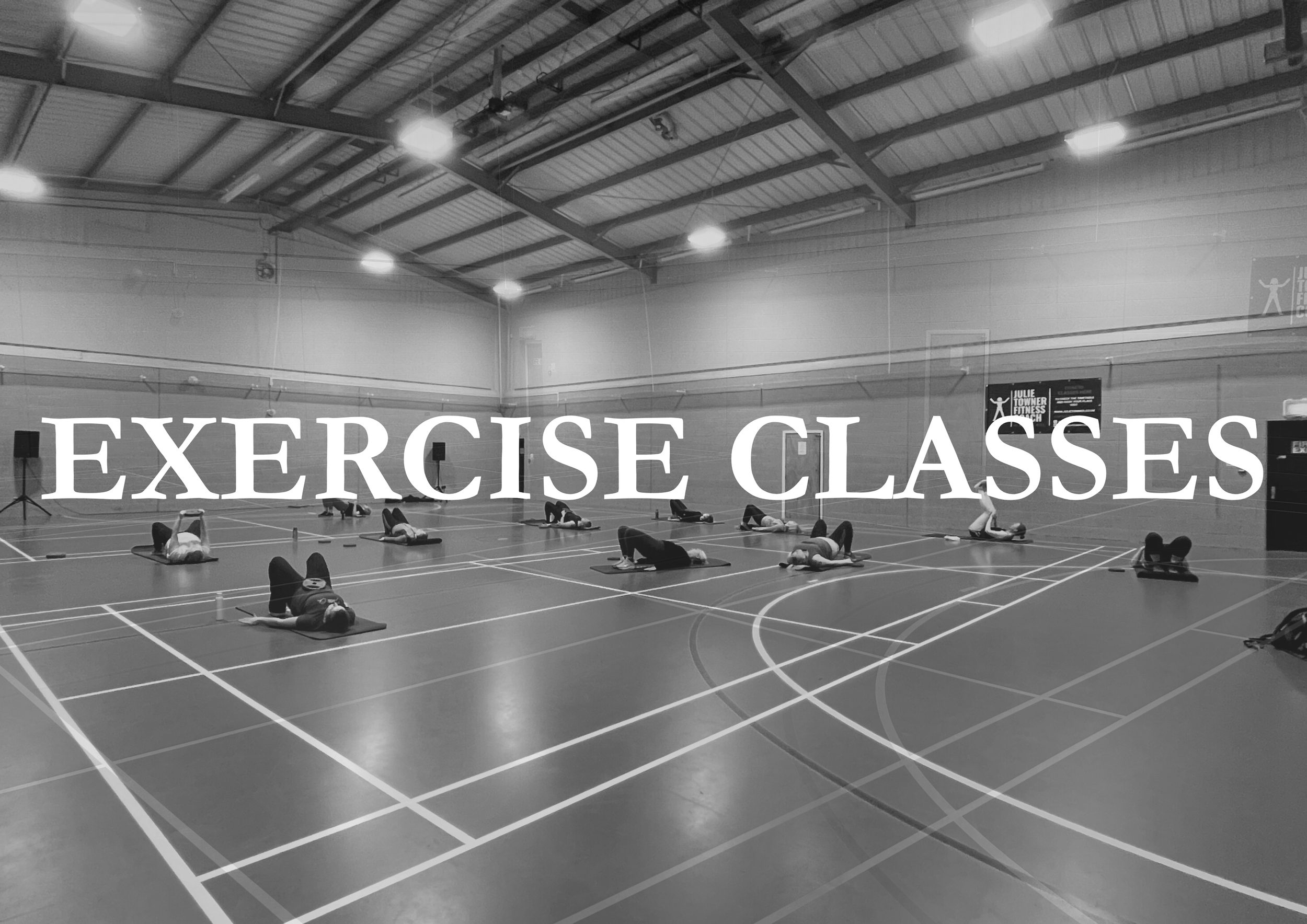 Group fitness class in gym with participants doing exercises on mats, large 'EXERCISE CLASSES' text overlay.