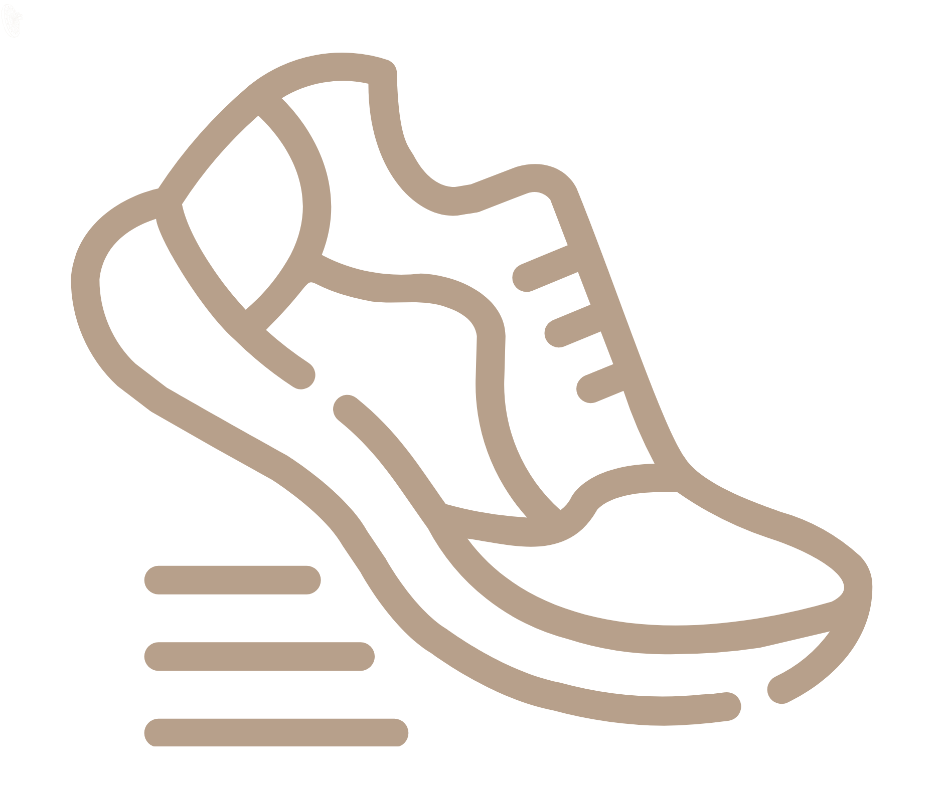 Outline of a running shoe with motion lines indicating movement.