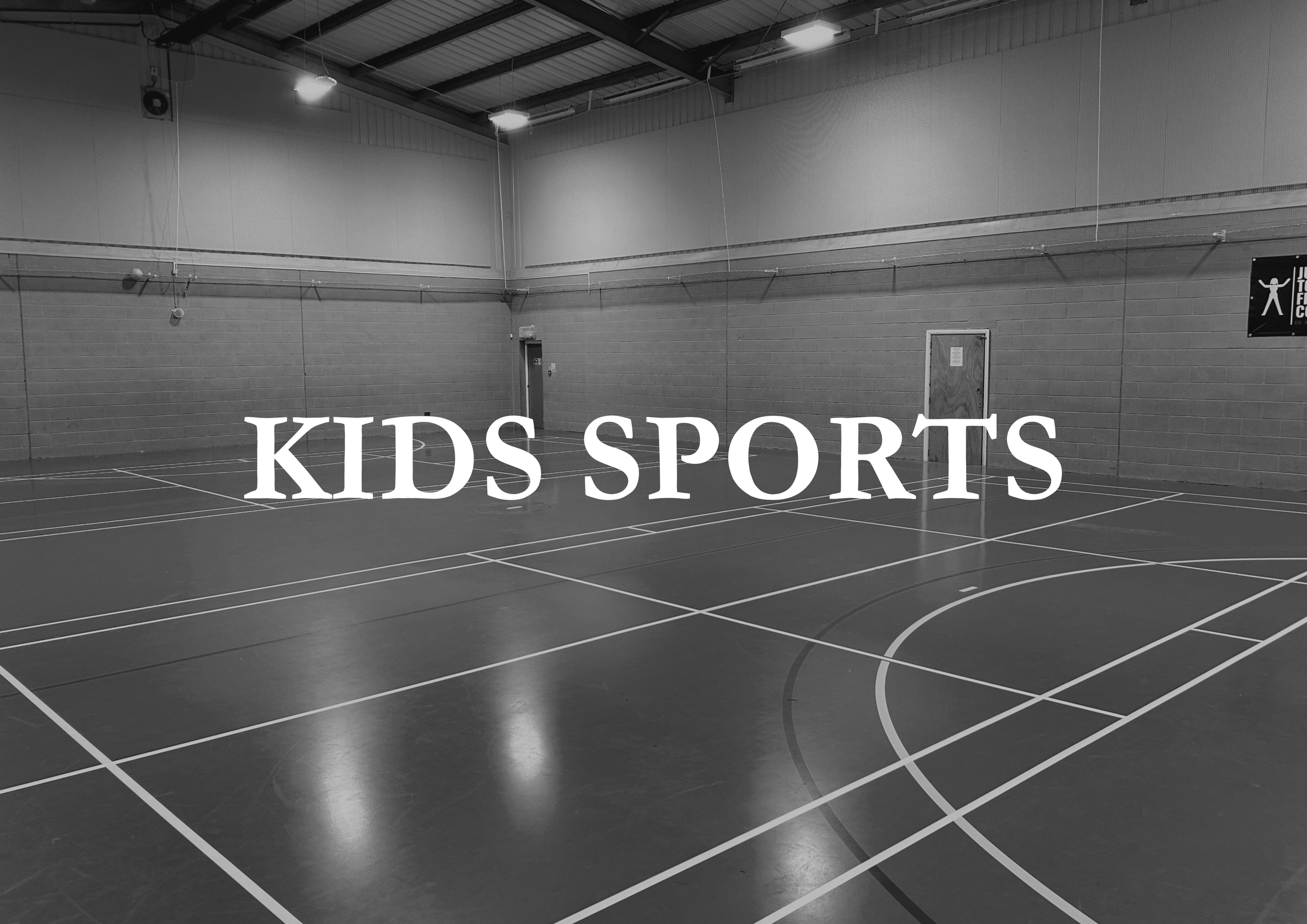 An indoor gymnasium with basketball court lines on the floor, plain walls, and a high ceiling with lighting. The text "KIDS SPORTS" is centered over the image.