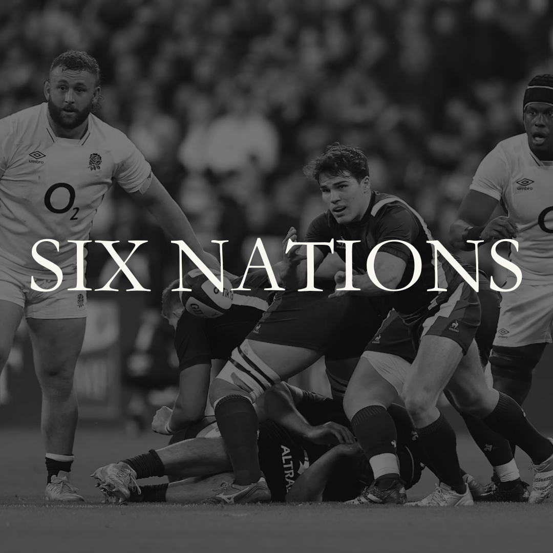 Black and white image of rugby players in action during a match, with the words 'SIX NATIONS' overlaid.