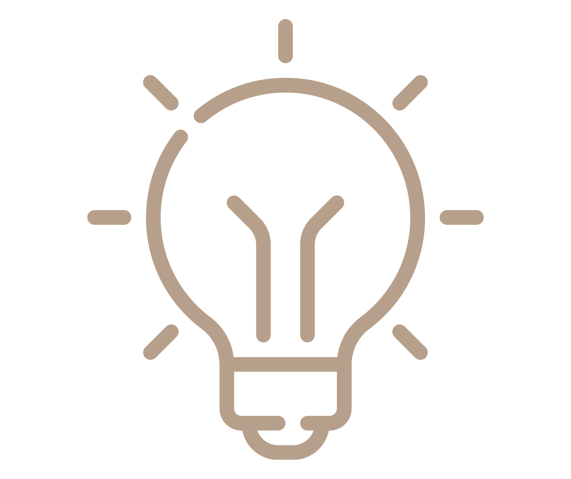 Minimalist outline of a light bulb with rays around it, symbolizing ideas or innovation.