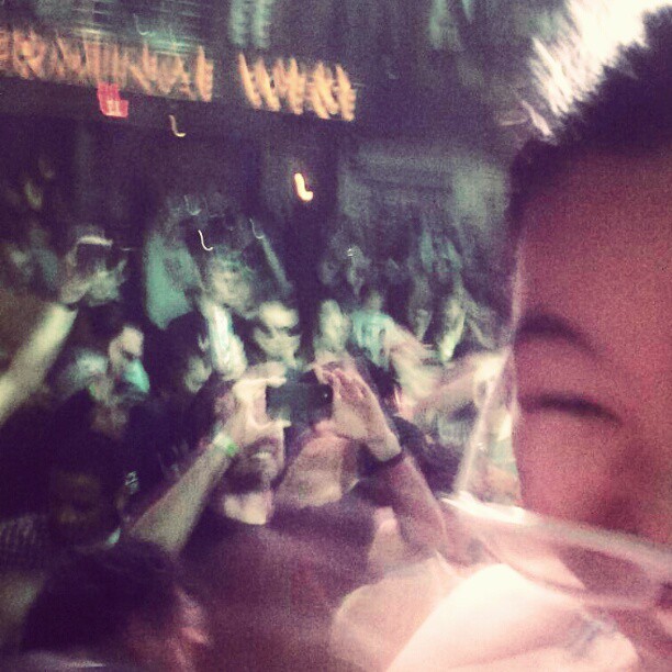 Being our usual crazy selves. My best friend and I jumped on stage at Terminal West, circa Dec. 2012.