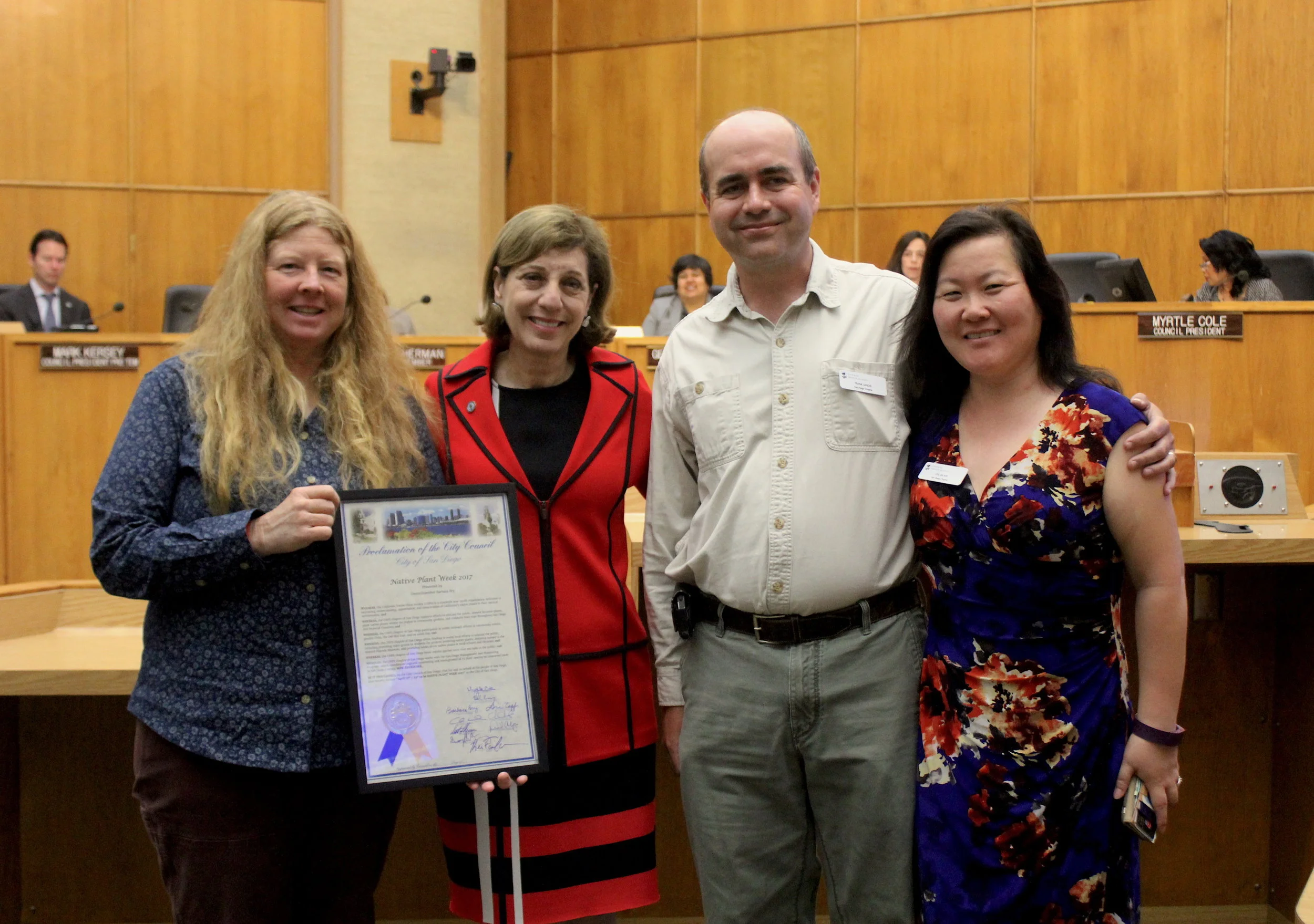 The City of San Diego declares April 17-23, 2017 Native Plant Week.&nbsp;Pictured left to right: Torrey Neel, CNPS-SD Board member; Barbara Bry, District 1 San Diego Councilmember; Frank Landis, CNPS-SD Conservation chair; Kye Ok Kim, CNPS-SD Hospit…