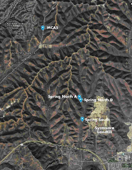 Figure 1. Willowy Mint sites. We get to the three Spring Canyon sites through Mission Trails Regional Park, and the San Clemente Canyon (MCAS) site through the military base. My home (Appendix) is below the T in "Fairbrook Estates".
