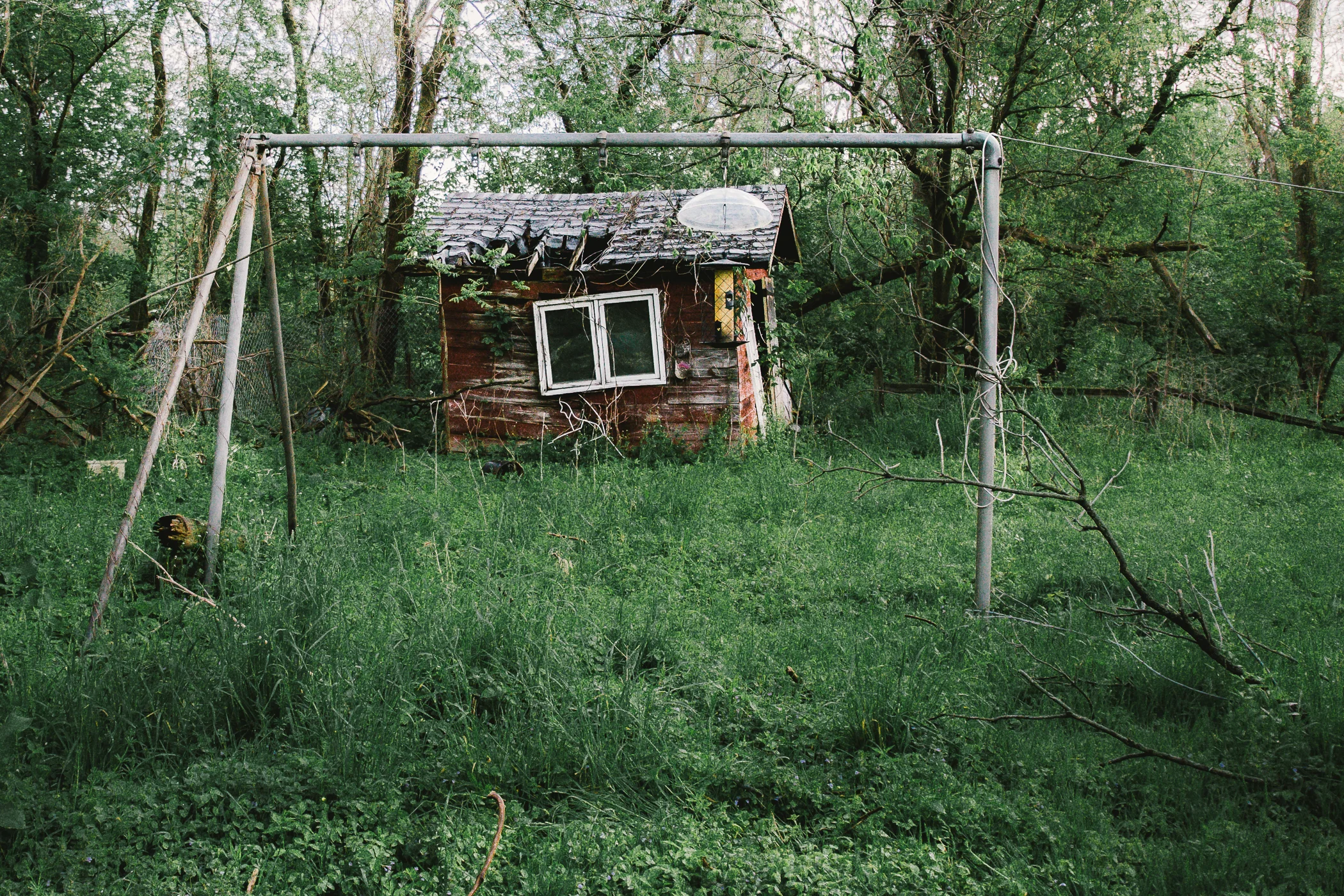 Rusty swingsets, bird feeders, sheds...