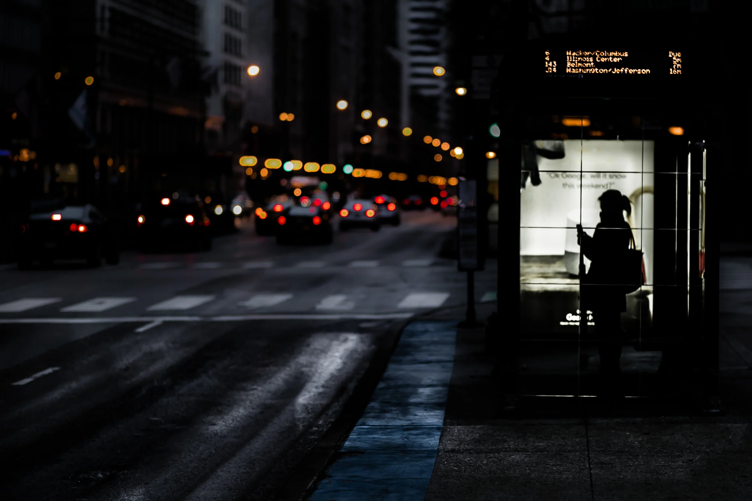 "Standing on the Corner, Waiting for a Bus": 12x18 print, matted + framed in 16x20 frame, $200