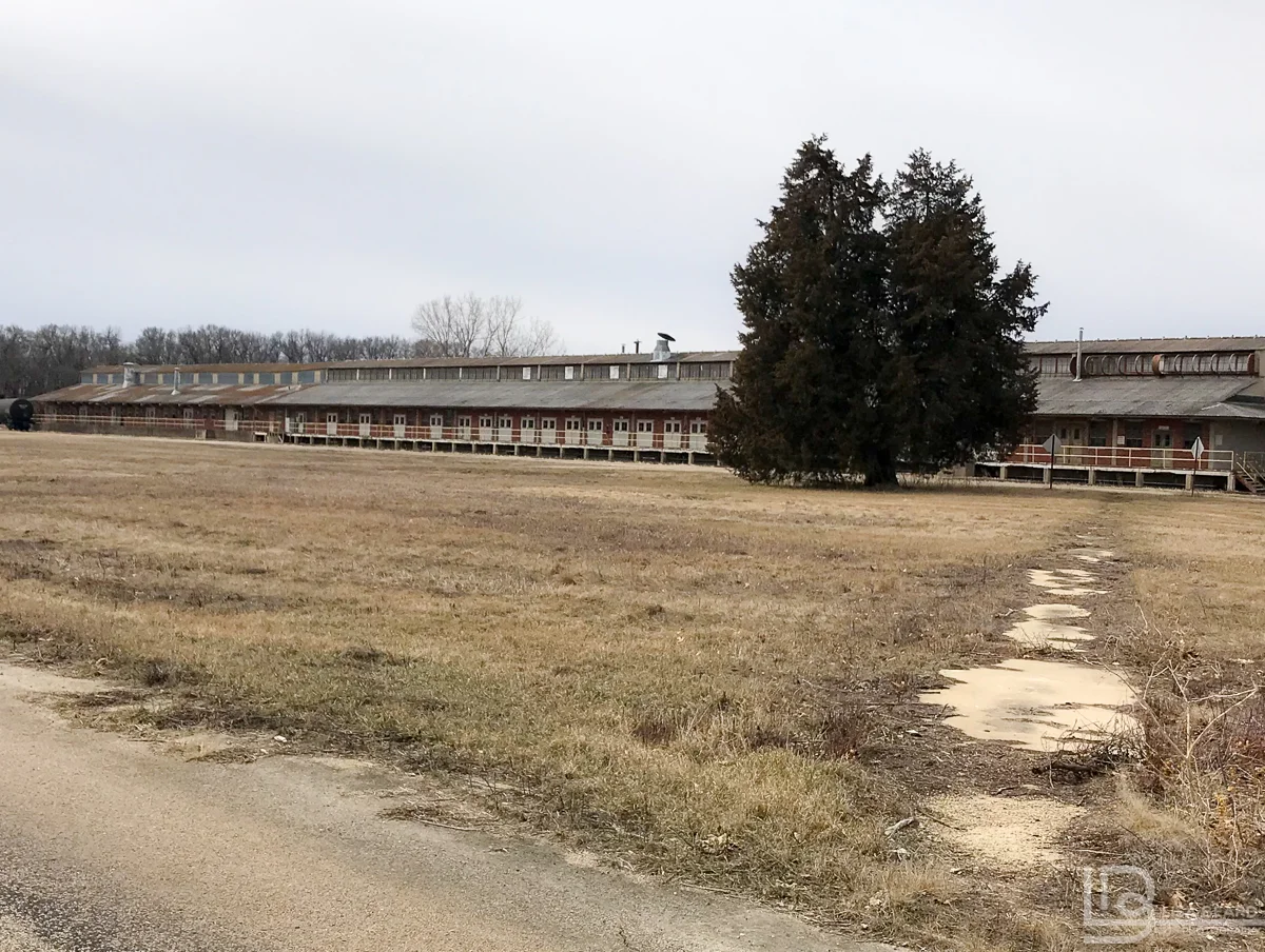 One of may long buildings with multiple loading docks.
