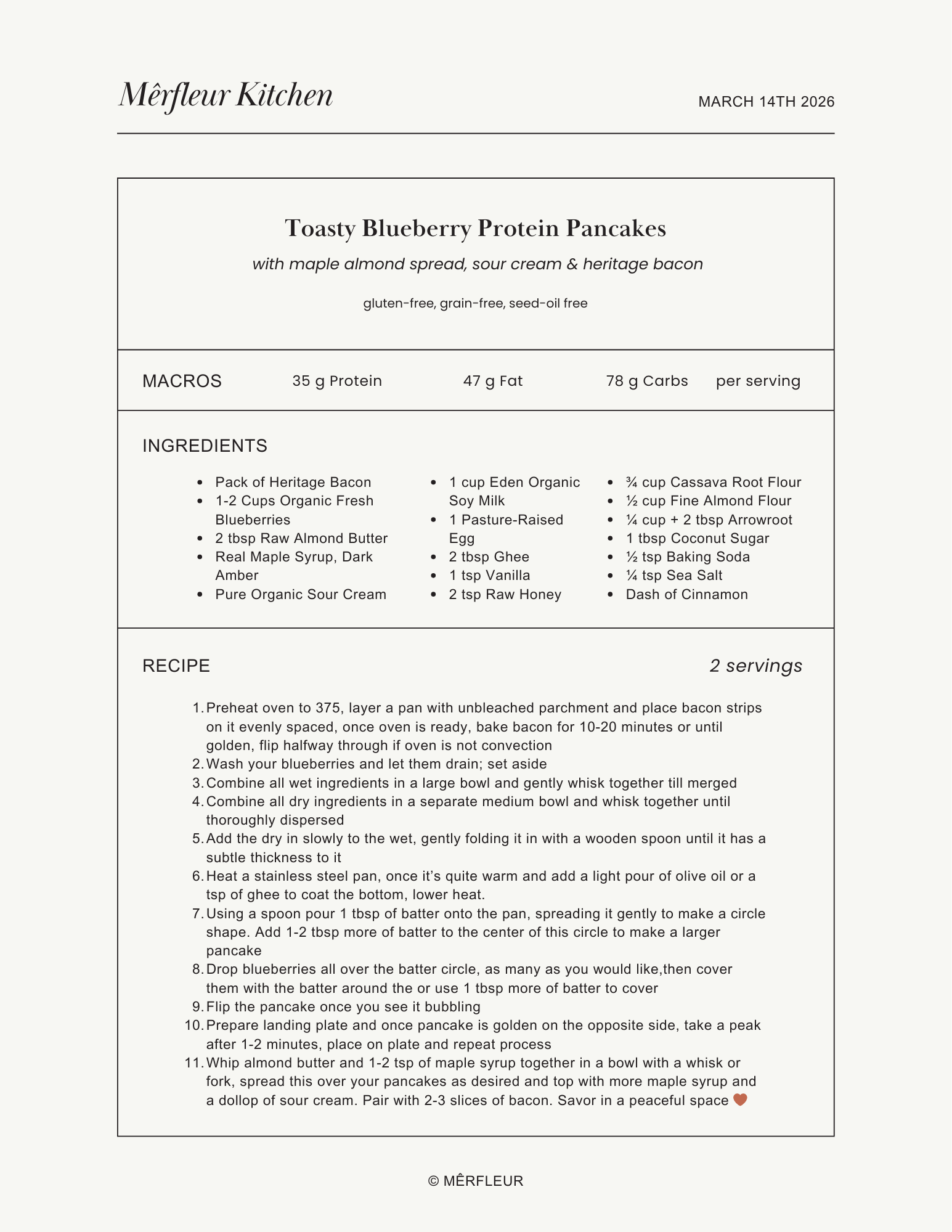 Gluten-Free Grain-Free Toasty Blueberry Protein Pancakes  with maple almond spread, organic sour cream & heritage bacon