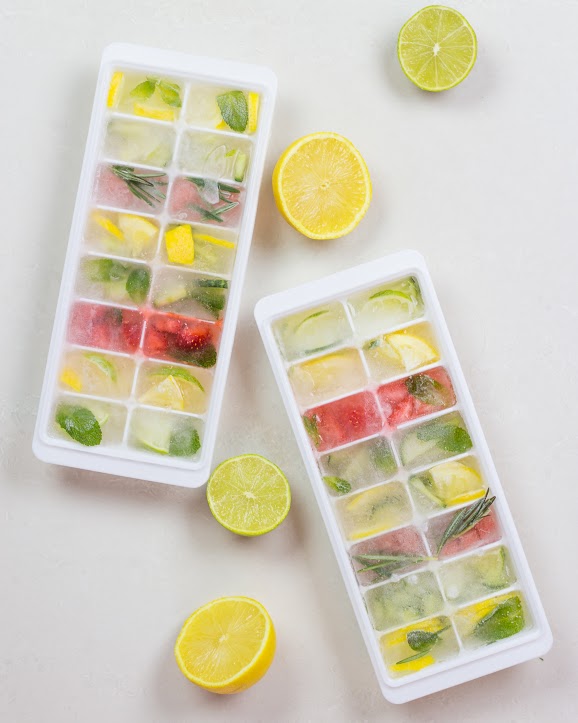These ice cubes are pretty, full of colour and flavour. I used various quantities of rosemary, mint, lemon, lime, oranges, cucumber, strawberries, and watermelon to flavour the ice cubes. 