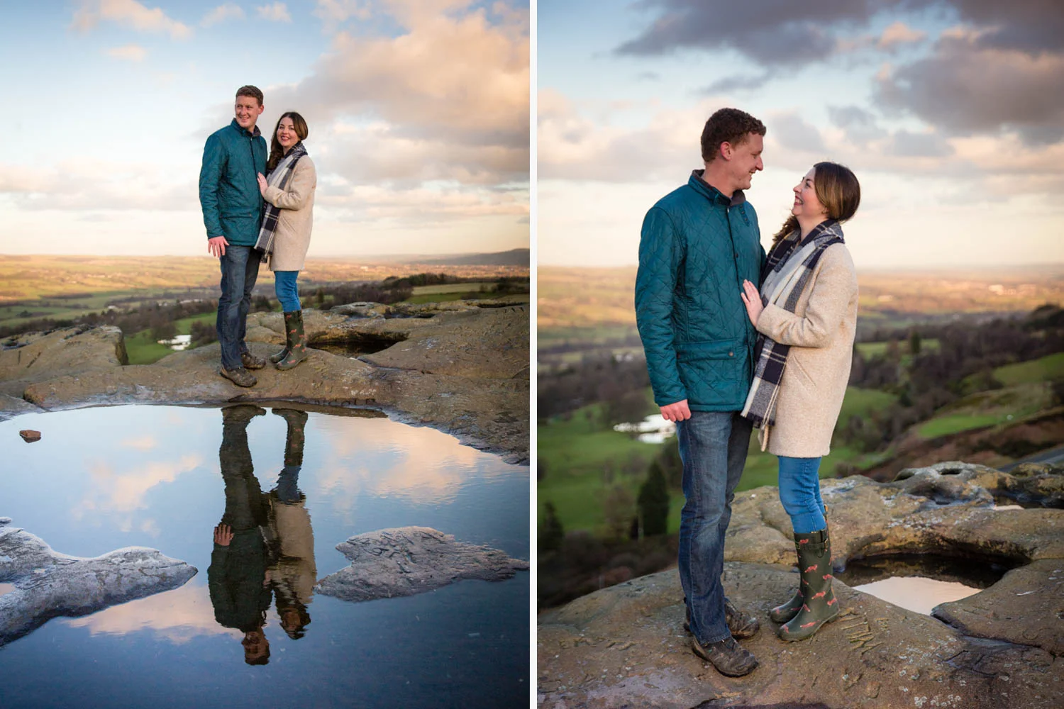 I had not met Dave and Liz before the shoot as it was in fact my wonderful wife who had spoken to them at the York Racecourse wedding fayre last March. They enjoyed speaking to her so much that they figured that I must be also quite a nice person and they decided to book me - I hope they weren't too disappointed when they finally met me! We met at the Cow and Calf cafe car park which provides easy access onto Ilkley Moor, one of my favourite places to come for a photography shoot. Liz and Dave chose it because they loved the wide sweeping views of Ilkley and the Wharfe valley from the top and we were blessed with the perfect conditions to capture these stunning vistas. Despite our worries earlier in the week that we might be battered by driving rain and gales from an approaching storm that was forecast, we had calm conditions and beautiful light from the descending winter sun. We met a couple of hours before sunset to make the most of this perfect light and spent the next hour chasing the sun as it dipped behind the moor. I think we got some cracking shots, and that's not just to do with the light or the scenery, but how great Liz and Dave were to work with. I could tell that they were a little bit nervous to begin with, but they soon warmed up and were up for everything I suggested, even agreeing to stand close to the edge of a very big drop on more than one occasion! I can't wait to work with them again when they get married at one of my favourite outdoor wedding venues, Skipbridge Country Weddings , near York, in June.