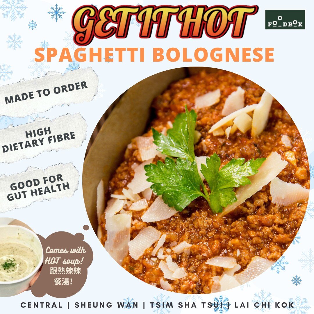 【FOODBOX丨GET IT HOT Spaghetti Bolognese】
Apart from the salad and sandwiches, FOODBOX also provides hot food to you!🤩Healthy spaghetti bolognese is made to order with high dietary fiber and warms your heart!🍝
FOODBOX唔係剩係得三文治同沙律㗎，仲有熱食肉醬意大利粉！🤩即叫即做趁熱