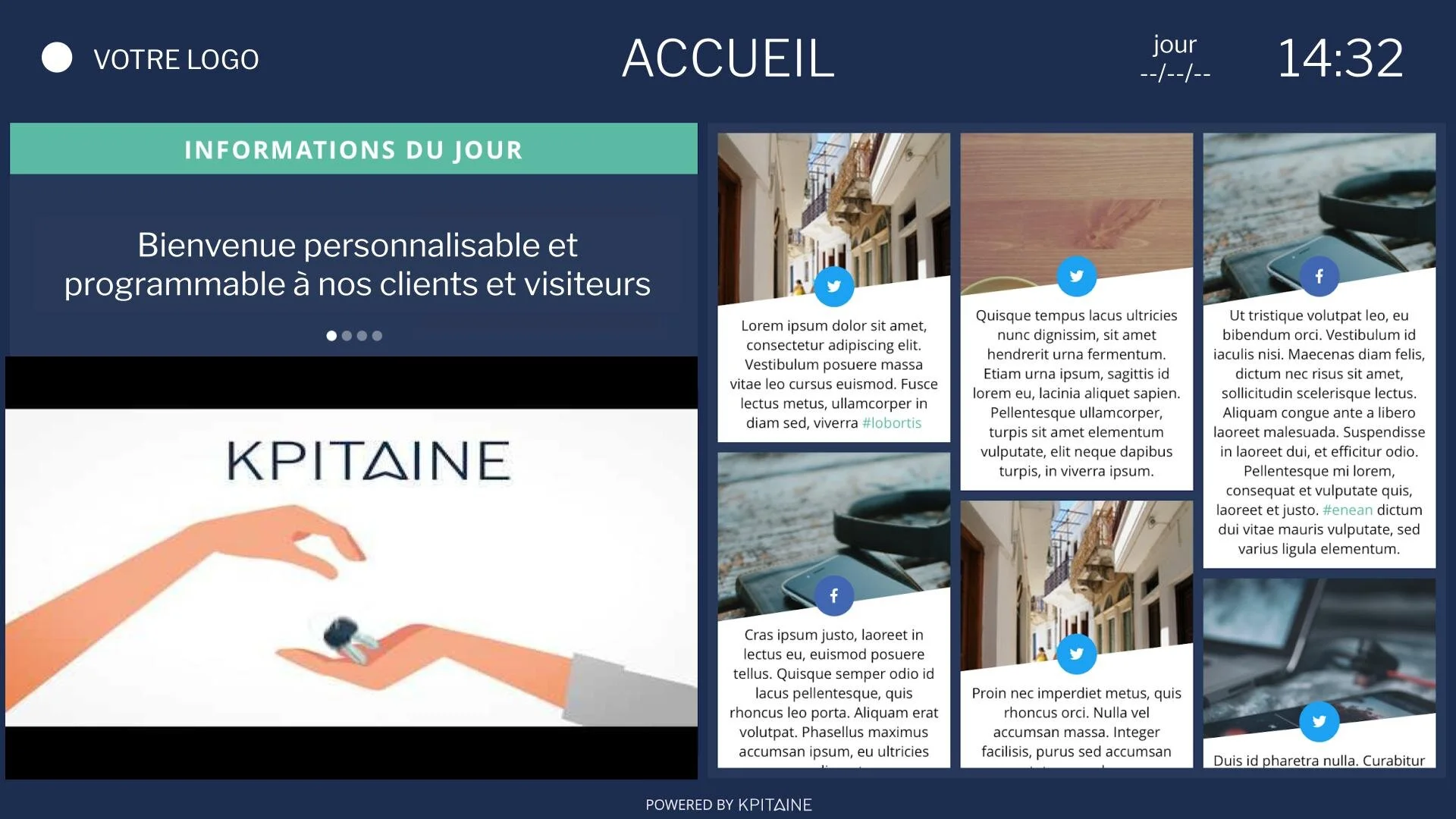 Par exemple, sur cet écran d’accueil, à gauche vous affichez un message de bienvenue personnalisé avec une vidéo qui tourne continuellement et à droite, de l’actualité.&nbsp;