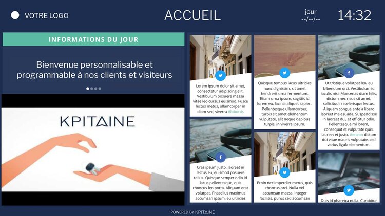 Par exemple, sur cet écran d’accueil, à gauche vous affichez un message de bienvenue personnalisé avec une vidéo qui tourne continuellement et à droite, de l’actualité.&nbsp;