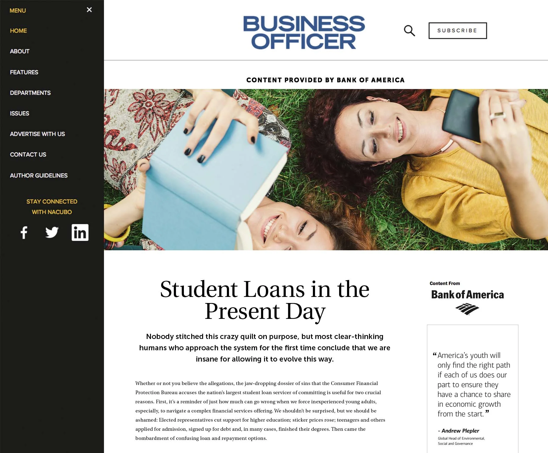 Advertising on the Business Officer site is handled with immersive advertorials.