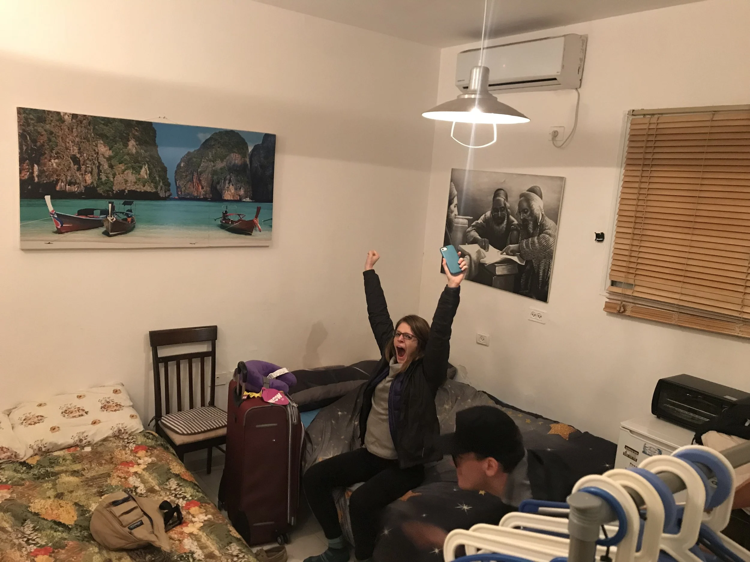 Picture of Steph yawning in our Airbnb