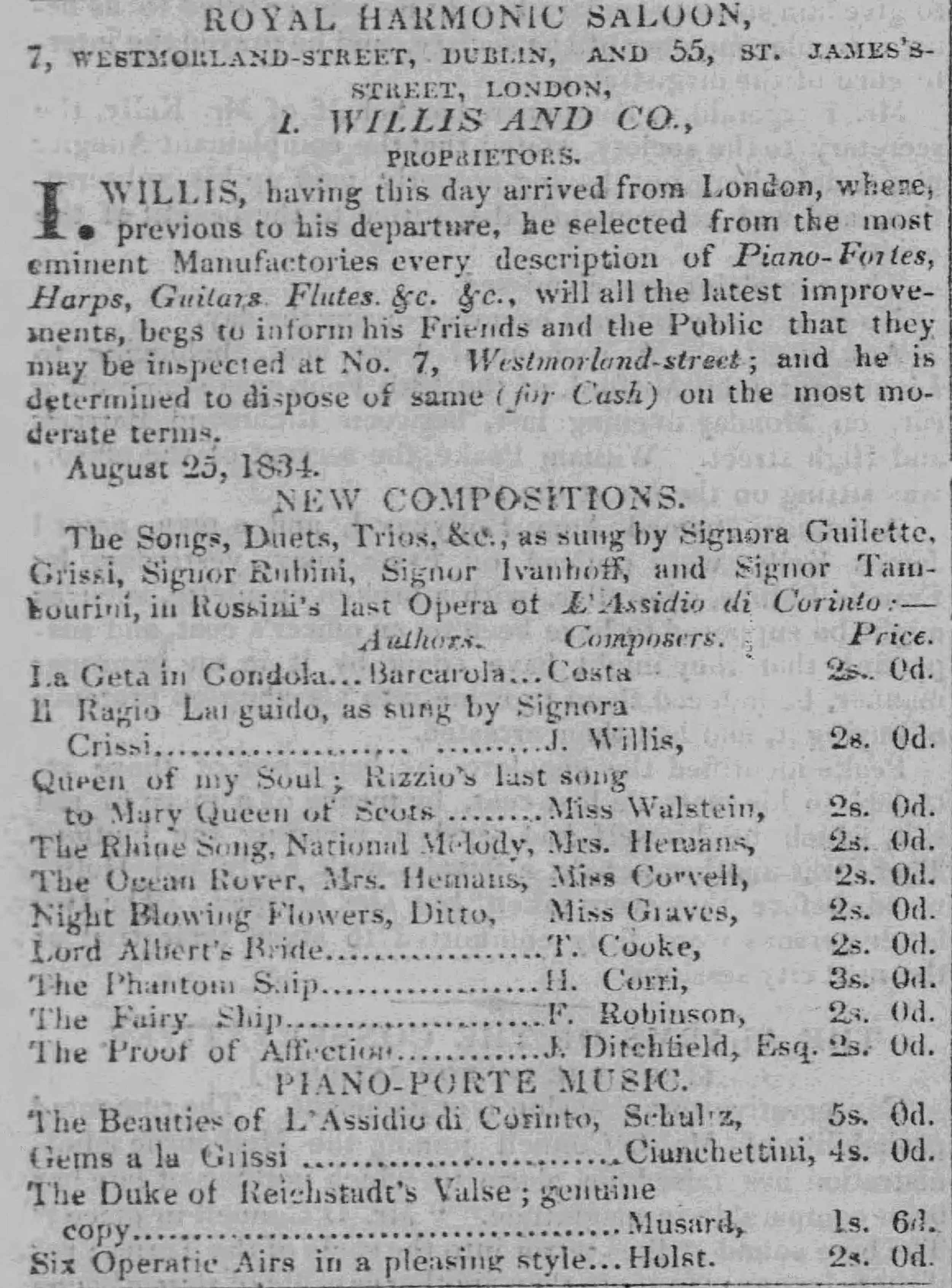 Willis was soon dealing in musical instruments as well.  This ad, 1834.  Freeman's Journal