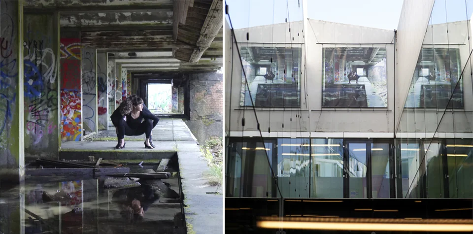 St Peter's Seminary. Photograph. 2011 Left: detail. Right: site specific installation at the Laban Centre / architects Herzog and de Meuron