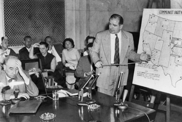 Chief Senate Counsel representing the United States Army and partner at Hale and Dorr, Joseph Welch (left), with United States Senator Joe McCarthy of Wisconsin (right), at the Senate Subcommittee on Investigations, McCarthy-Army hearings, June 9, 1954.