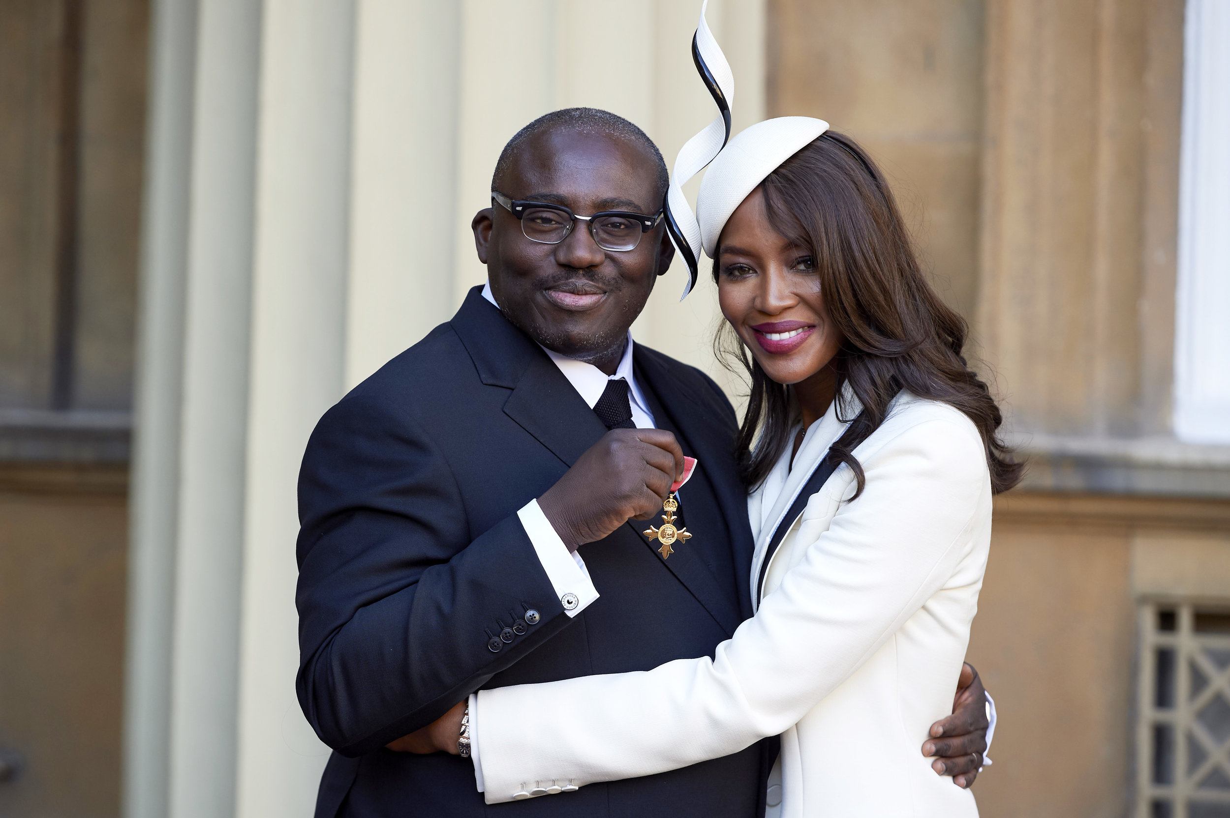 Enninful accompanied by close pal, Naomi Campbell while receiving his OBE at Buckingham Palace last year. Photograph: Reuters.