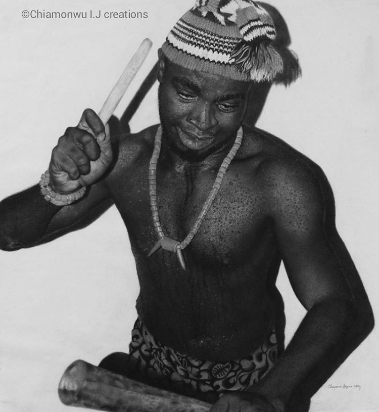 Omenala (Tradition) "I am going to give a brief historical description and importance of three main objects that are of great significance in this artwork. First, I will start with the Cap; popularly known as the OKPU-AGU among the Igbo people of Nigeria, West Africa. The okpu-agu is made with woolen threads, and its color is mainly of the color red, white and black . It is mostly worn by elderly men or men of chieftaincy titles. The Okpu-agu is worn on special traditional occasions like coronations, new yam festivals, marriage ceremonies, title takings etc. Secondly, The neck and hand beads or coral beads. Popularly called AKA in Igbo dialect. The color of these beads are mostly white, red, and of the orange color. They are worn on the right hand and on the neck, by men and women, on special occasions like the fertility dances, festivals, marriage ceremonies, title takings, masquerade dances, coronations, and during traditional religious activities. However, the Aka symbolizes royalty, wealth, honor and indigenous identity. Although the Igbo people wear these beads, only a person born of royal blood is allowed to wear the white bead (AKA). Thirdly, The metal gong. Commonly called OGENE by the Igbo speaking tribe. The Ogene instrument is historically made by the Igbo people of Nigeria which is the most important metal instrument of the people. It is made by specialist blacksmiths. The instrument is flattish, conical shape and is hollow inside. The sound of the Ogene when struck with a wooden stick, comes from the vibration of its iron body. Ogene is not only used as a musical instrument during traditional ceremonies, but also as a means of communication, to pass out messages to the people or to call for village gatherings in different Igbo communities.Furthermore, Ogene is used in summoning up spirits. During the traditional wrestling matches that takes place in these communities , the ogene is used in raising up spirits of the wrestlers to show their manly strength." - Ifeyinwa Joy Chiamonwu