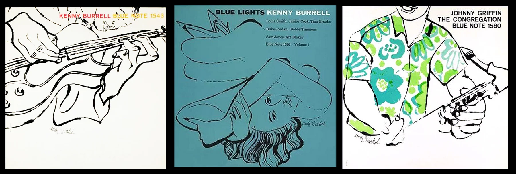 Three different collaborations between Andy Warhol and Reid Miles for Blue Note Records