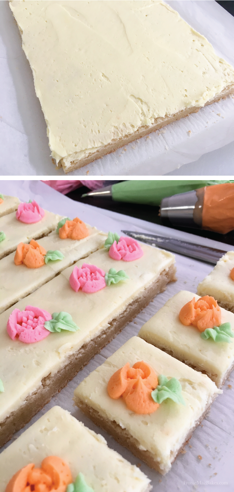 Soft Homemade Buttercream Frosted Sugar Cookie Bars Recipe by www.FronieMaeBakes.com