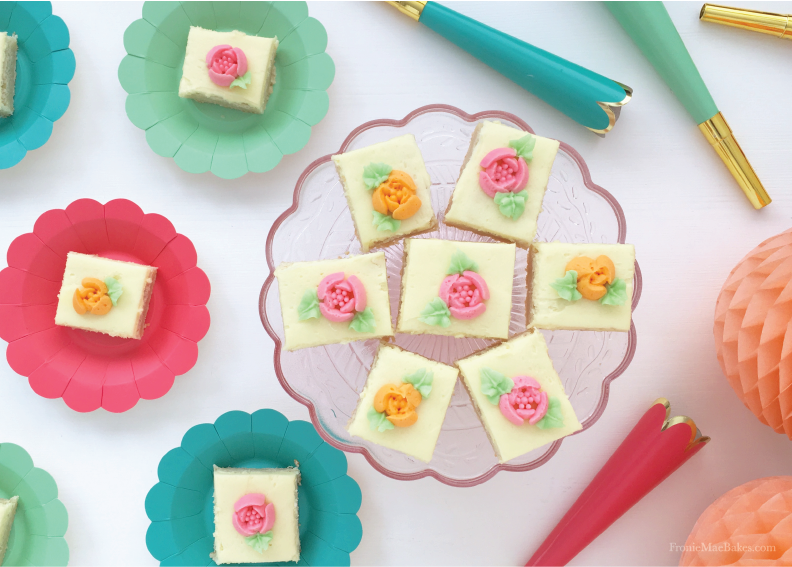 Soft Homemade Buttercream Frosted Sugar Cookie Bars Recipe by www.FronieMaeBakes.com