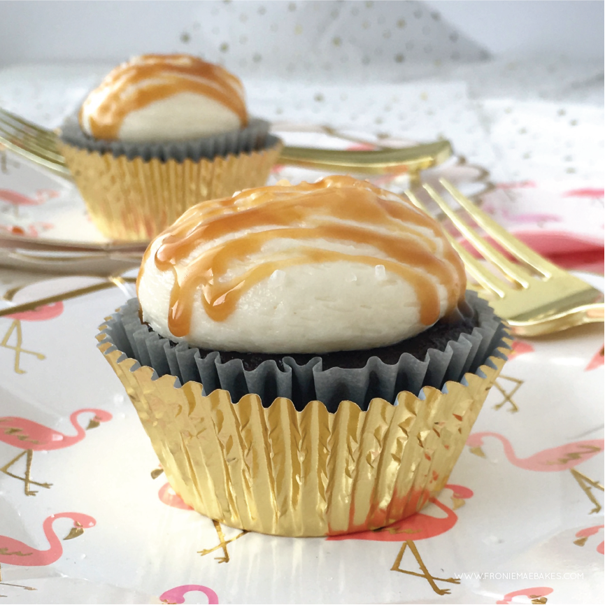 Marshmallow Buttercream with Salted Caramel Topped Chocolate Cupcakes