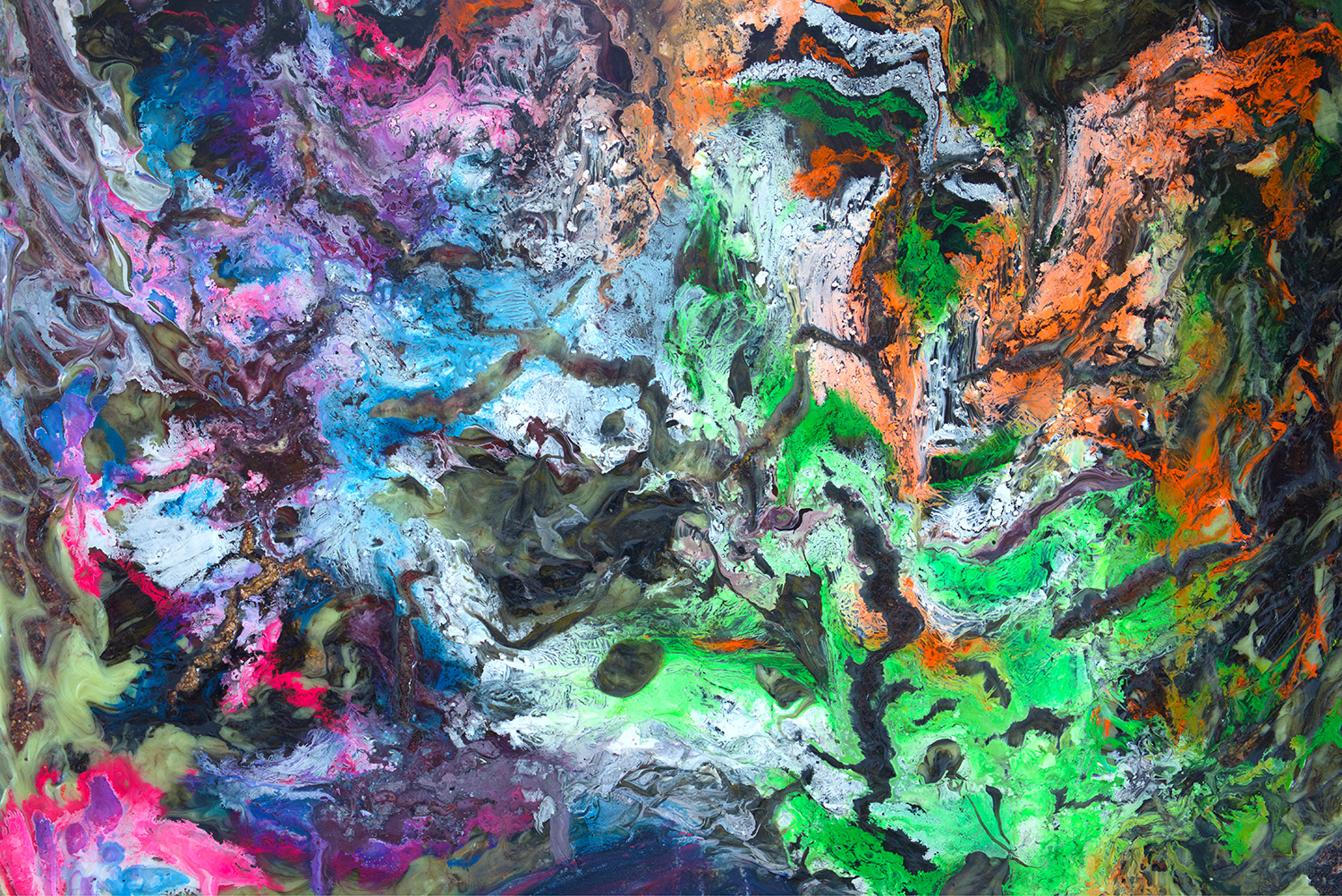 UV reactive and glow-in-the-dark acrylics painting on canvas. 16" by 20"