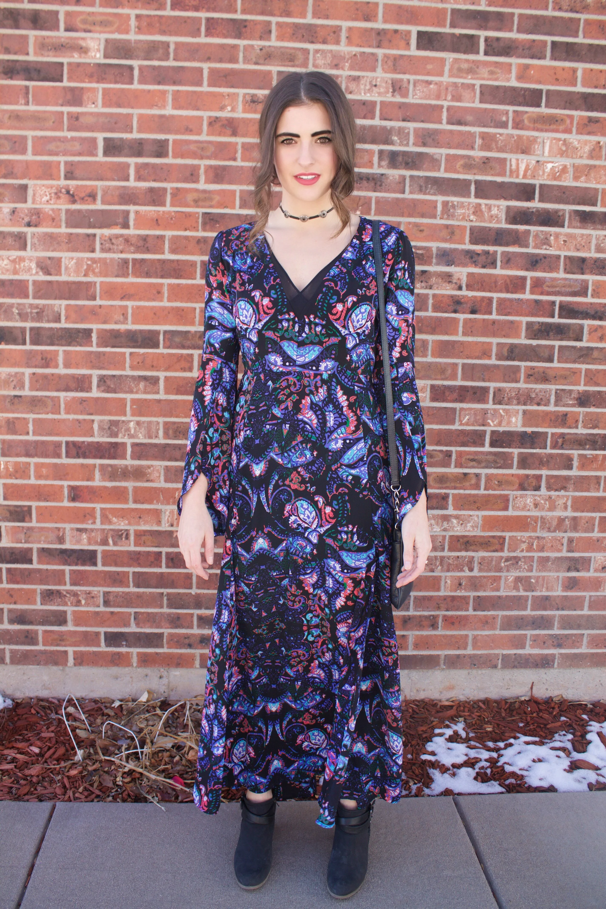 Paisley Deep V-Neck Long Sleeve Maxi from Express