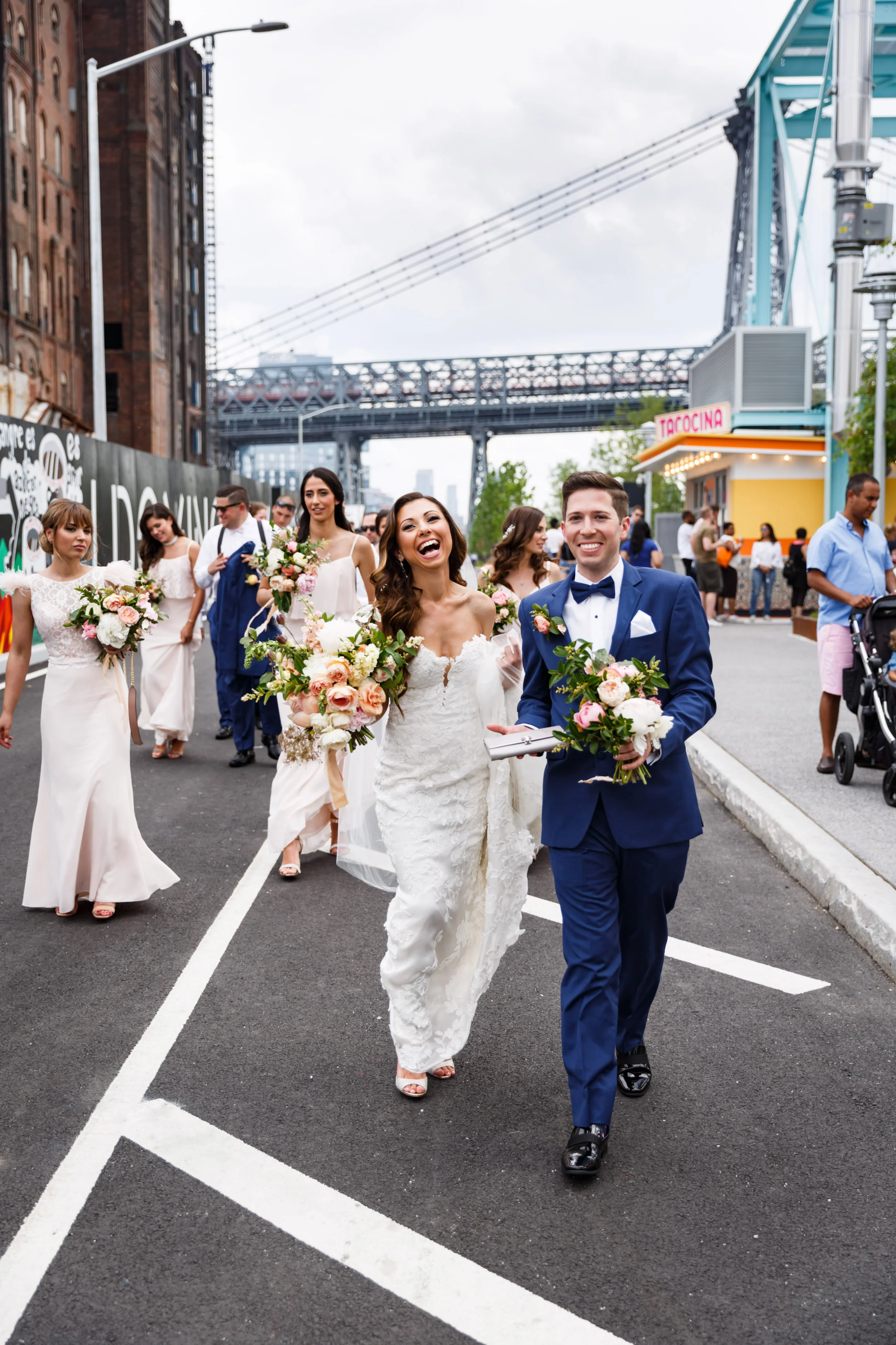 Anna & Simon | Dobbin St Rooftop ceremony and cocktail hour + vodka shots + 10 ft floral chandelier over the dance floor