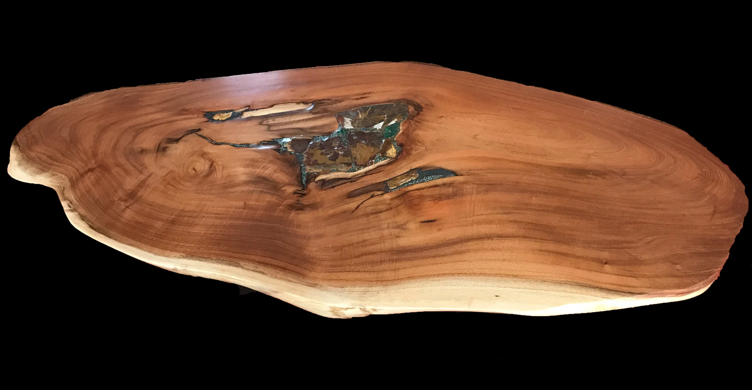 Mesquite coffee table with jasper stone and Chrysocolla inlay. 