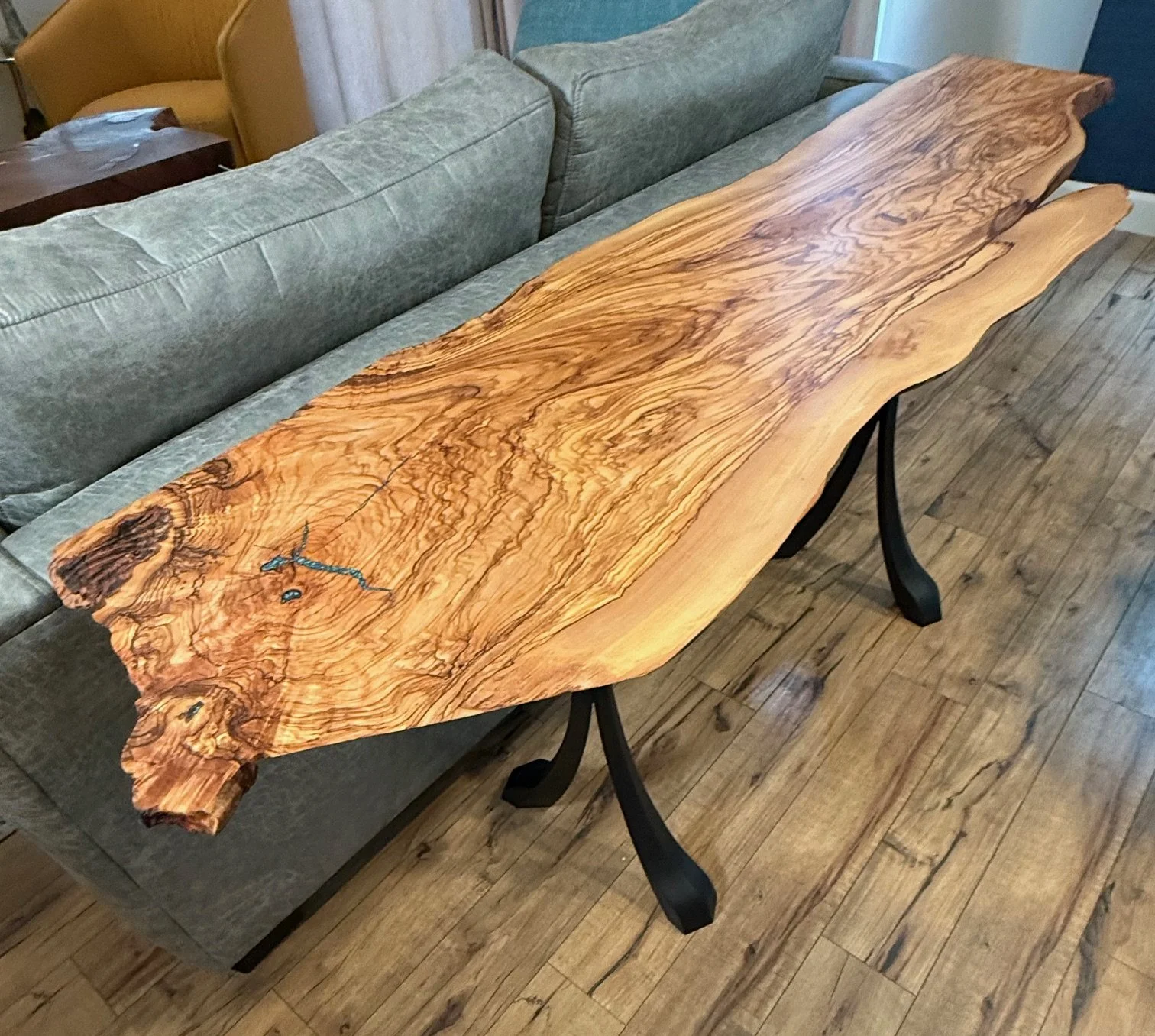 Italian Olive Accent/Console Table with Chrysocolla inlay