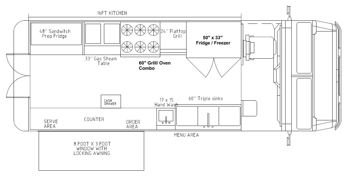 Food truck with 16ft kitchen: griddle, 6 burner oven, steam table