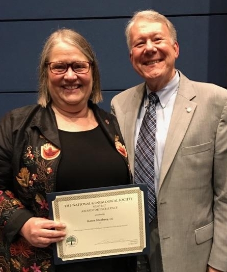 Karen Stanbary, CG(SM) and Thomas W. Jones, PhD, CG(SM), CGL(SM), FASG, FUGA, FNGS. at the National Genealogical Society Banquet.