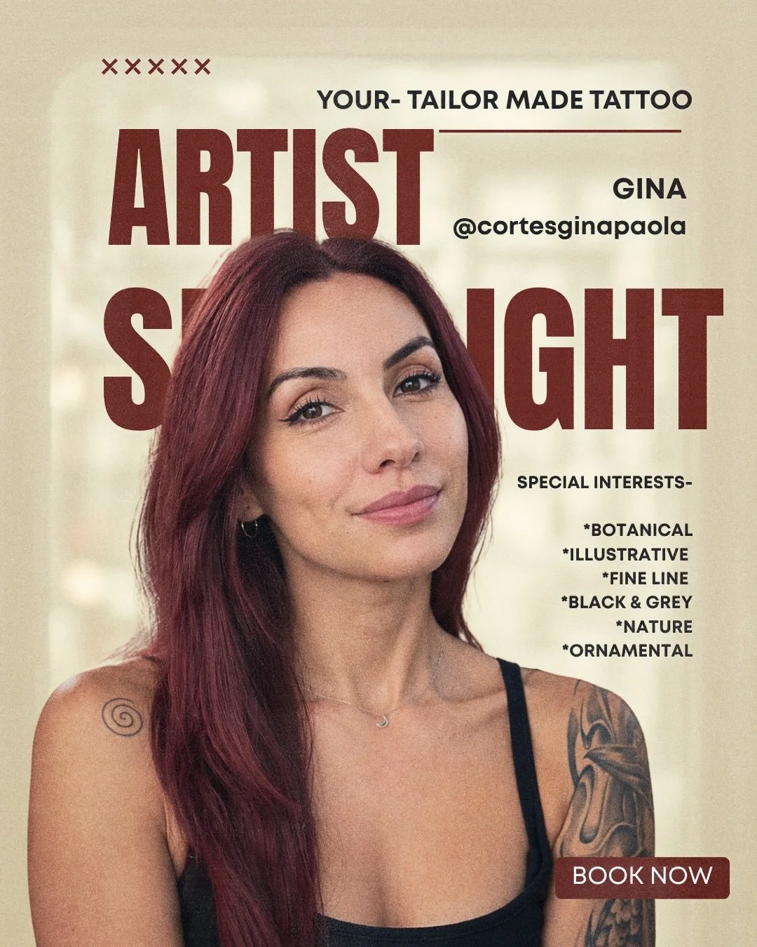 gina tattoo artist from tailor made tattoo Brisbane spotlight artist tattooist Brisbane fine line tattoo floral tattoo black work