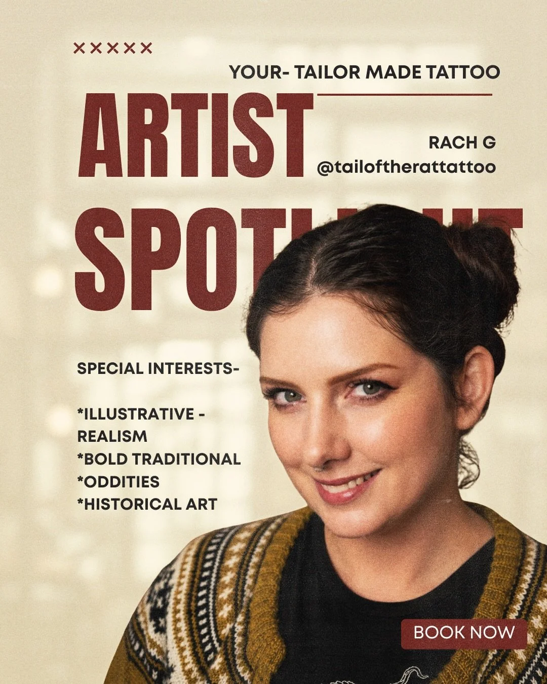 Artist spotlight image of tattoo artist Rachel G from Tailor Made tattoo in Brisbane Woolloongabba traditional tattoo colour tattoo bold tattoo