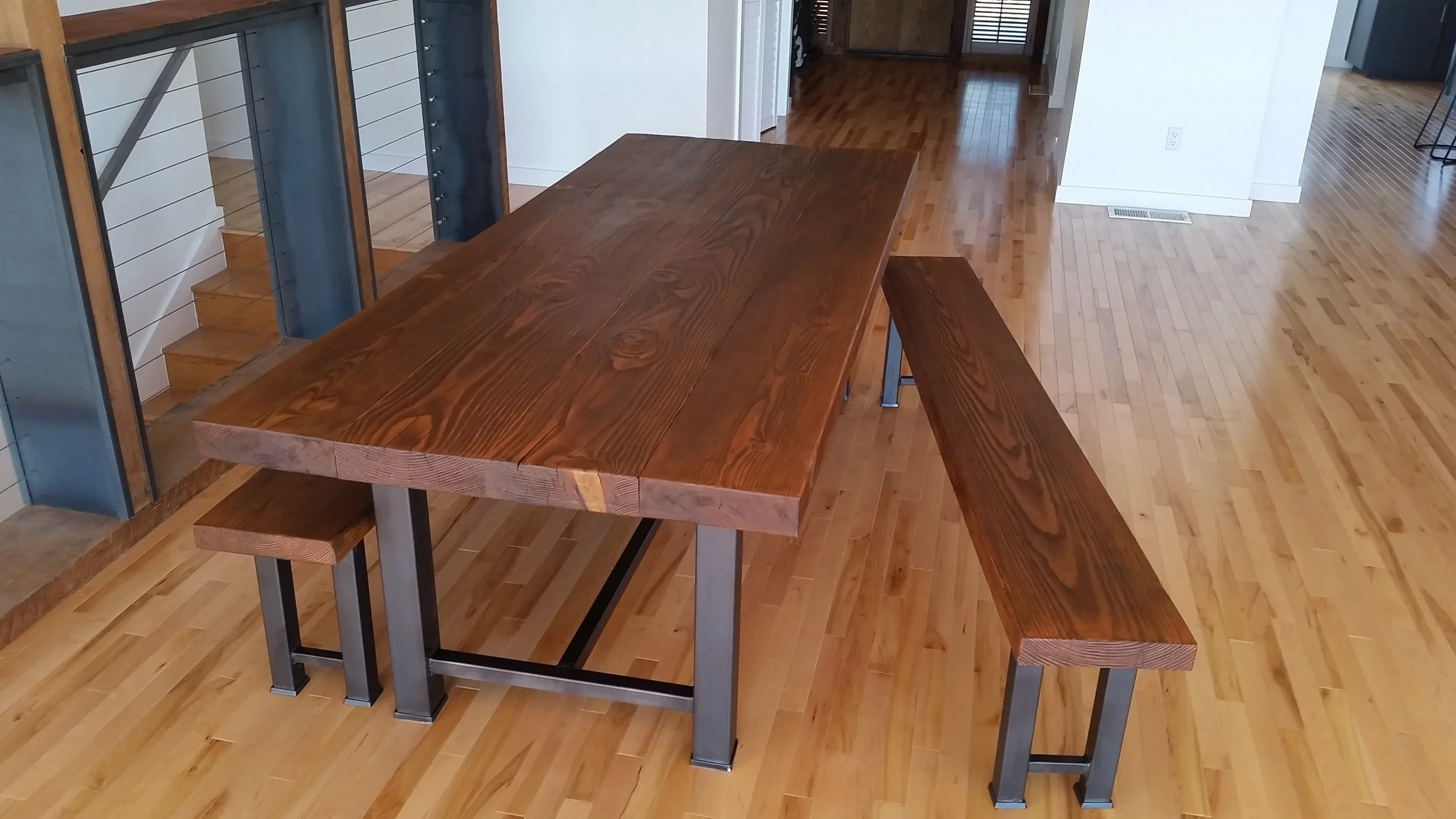 Dining room table set, textured doug fir top, steel base.