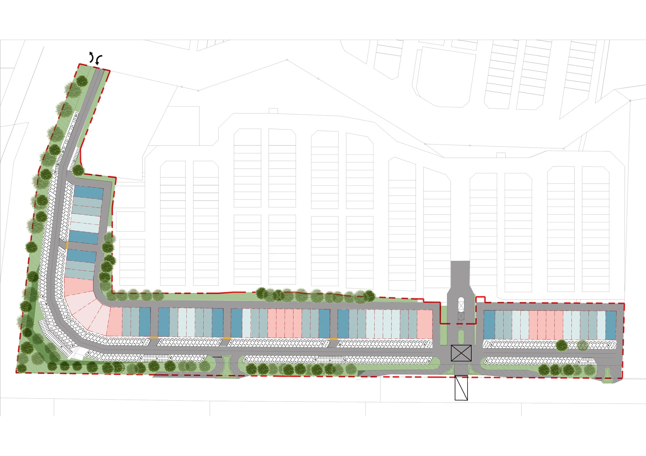 Site plan of a parking lot with green areas, trees, and pathways. The layout includes parking spaces, driveways, and landscape design elements.