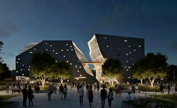 From the archive &mdash; revisiting one of our early 3D models and bringing it back to life with AI.

This corporate office was conceived as two connected blocks; appearing separated, yet united by a shared open space. That in-between became the hear