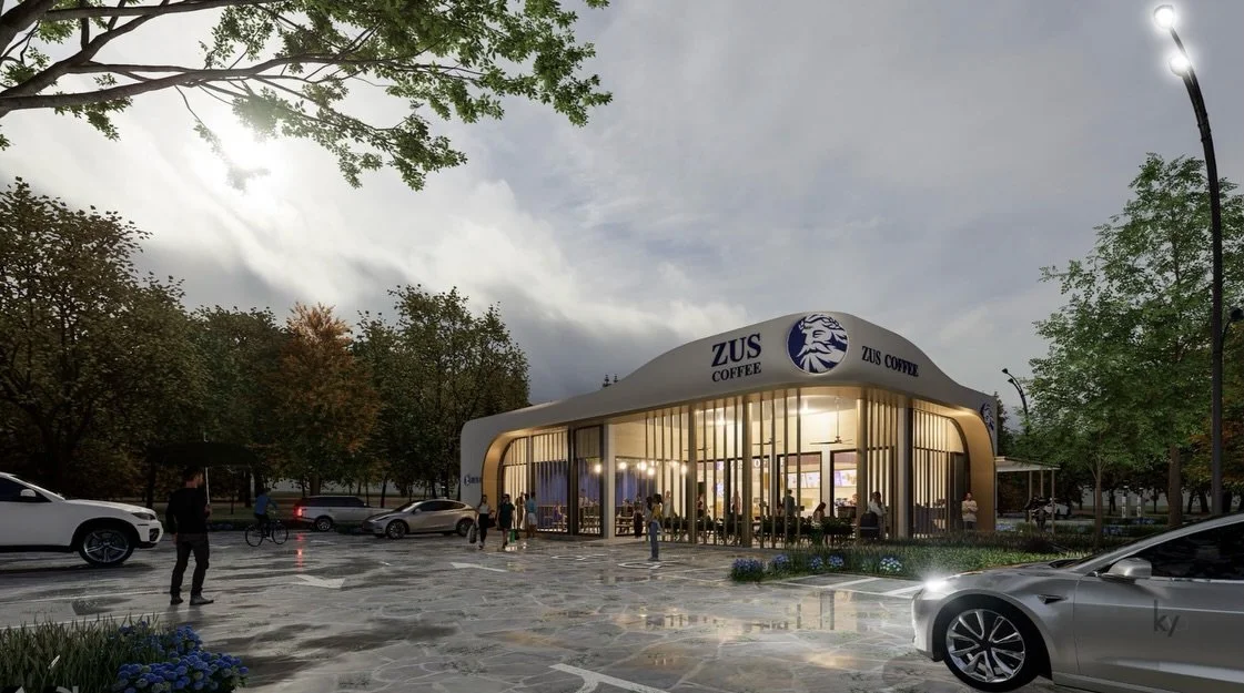 Excited to share one of our almost-complete drive-thru projects&hellip; now proudly in BLUE &mdash;> loud and clearly @zus.coffee 

Our original proposal was in white, the recently announced @pantone Colour of the Year 2026.
Sometimes a design spe
