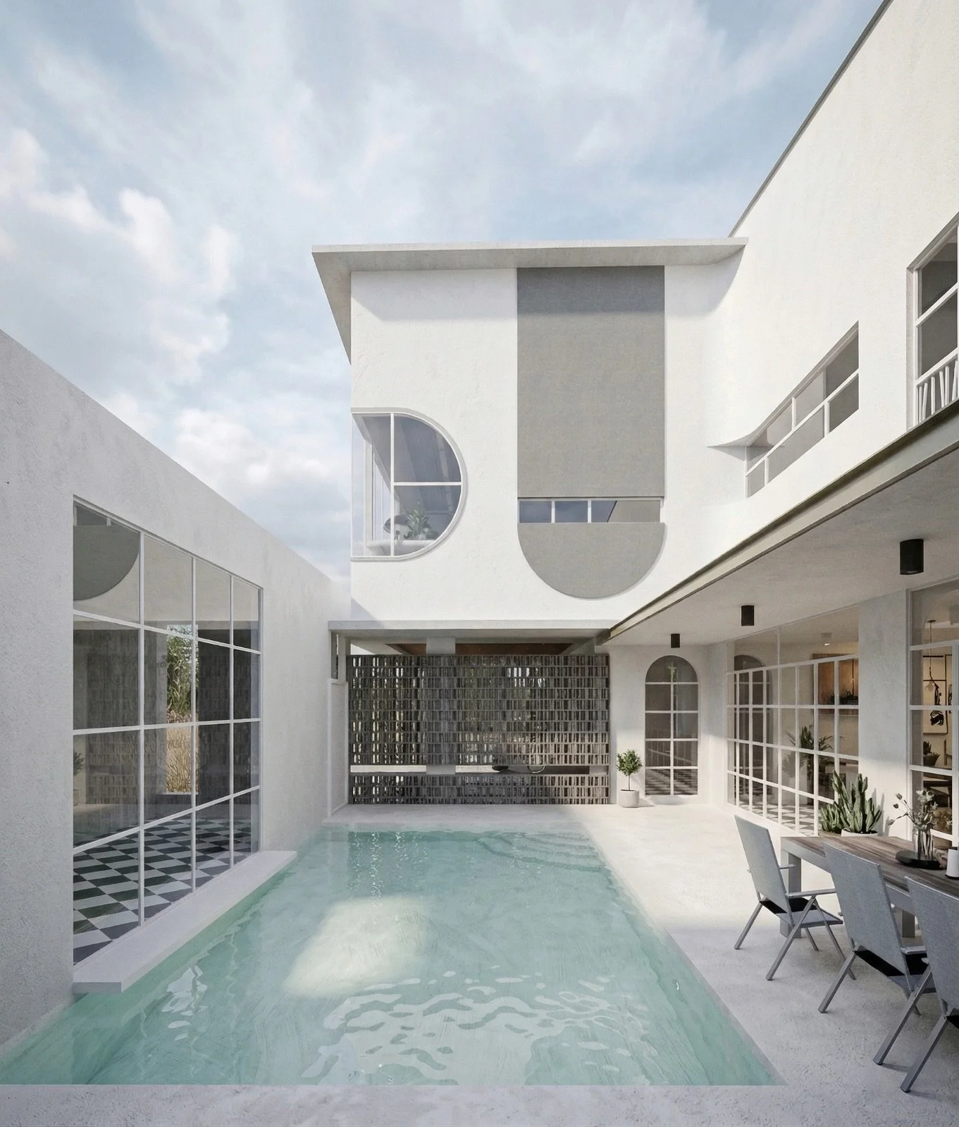 𝐃+𝐀 𝐑𝐞𝐬𝐢𝐝𝐞𝐧𝐜𝐞
.
Centred around a courtyard pool, the house turns inward, creating a calm, protected world where light, water, and daily life gently intersect.
.
#keeyenarchitect #kyasb 
#house #architect #bungalow