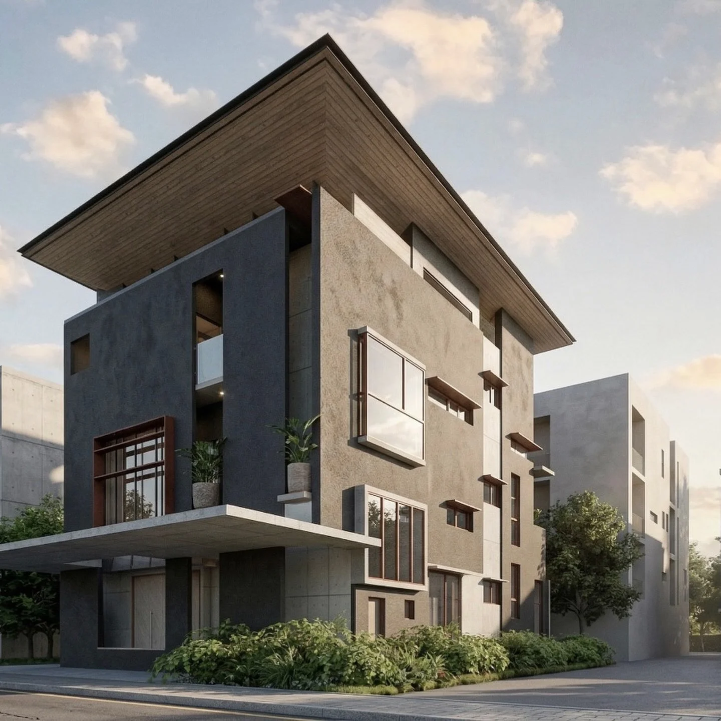 POV: Surrounded on all sides, so the house turns inward. 
.
A solid mass to the outside, 
a quiet world within. 
.
Openings pull light from above, 
and the roof inverts&mdash; 
not to show off, but to look up. 
.
When views are blocked, 
we design ou