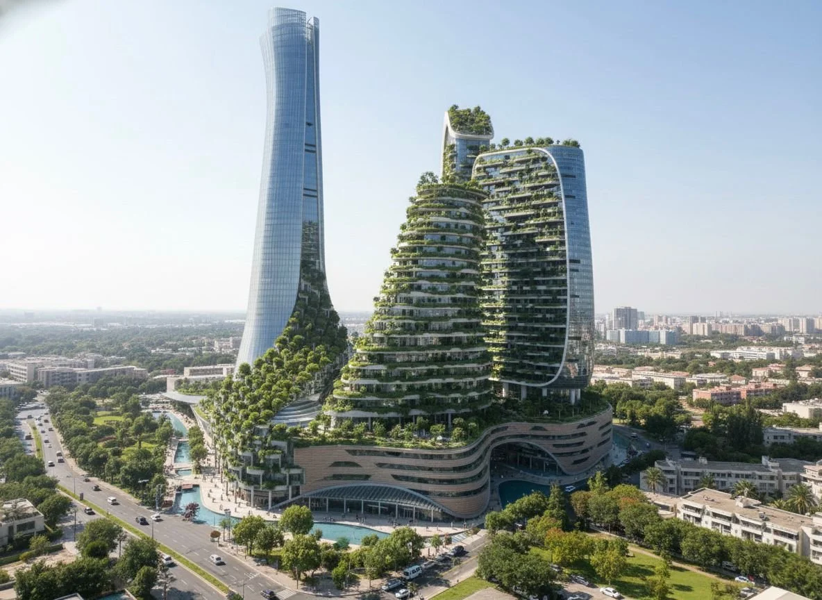 Modern skyscrapers with green terraces and trees in an urban setting under a clear sky.