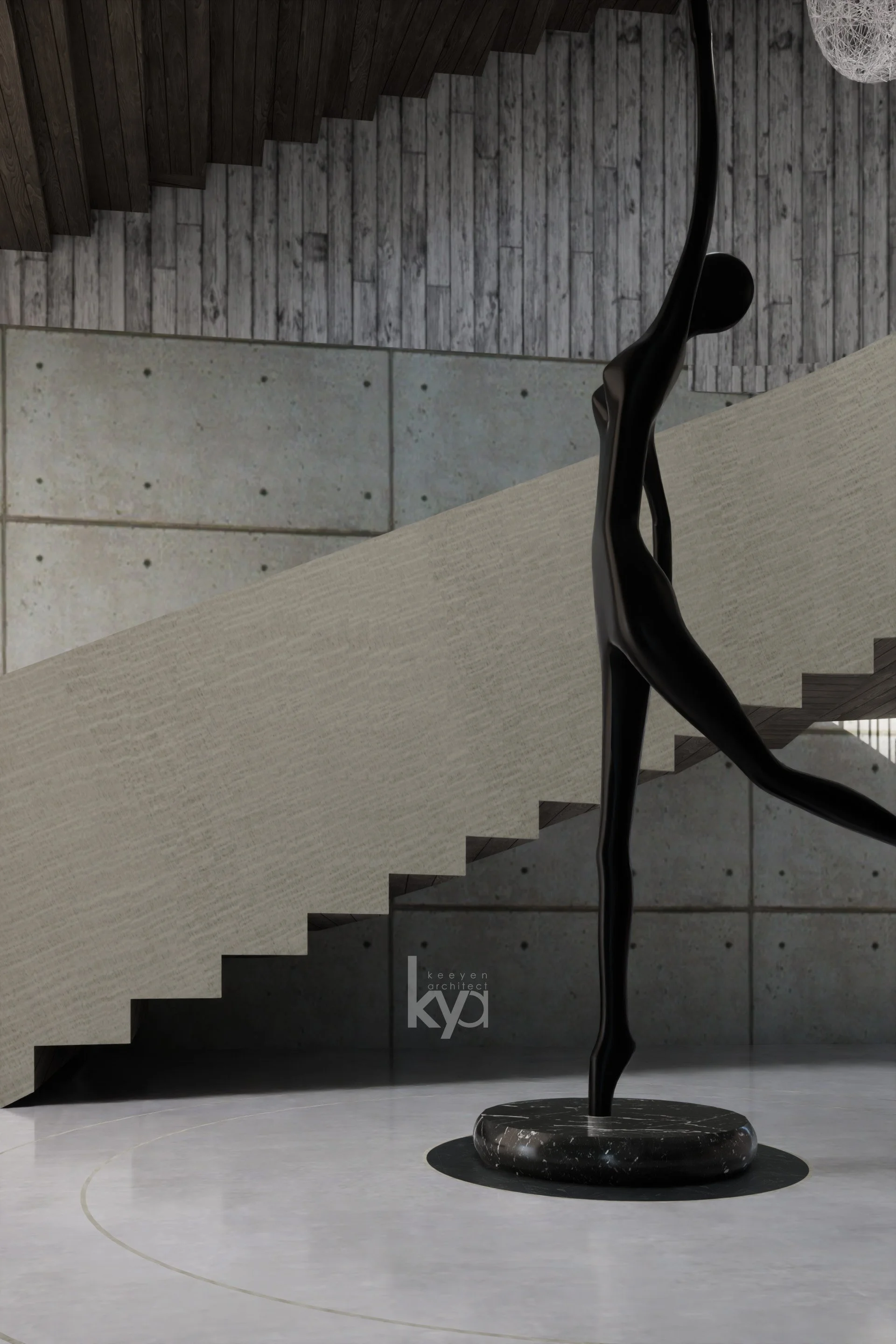 Modern staircase with a black abstract sculpture at the bottom, featuring a curved and twisted form, situated on a round black stone base.
