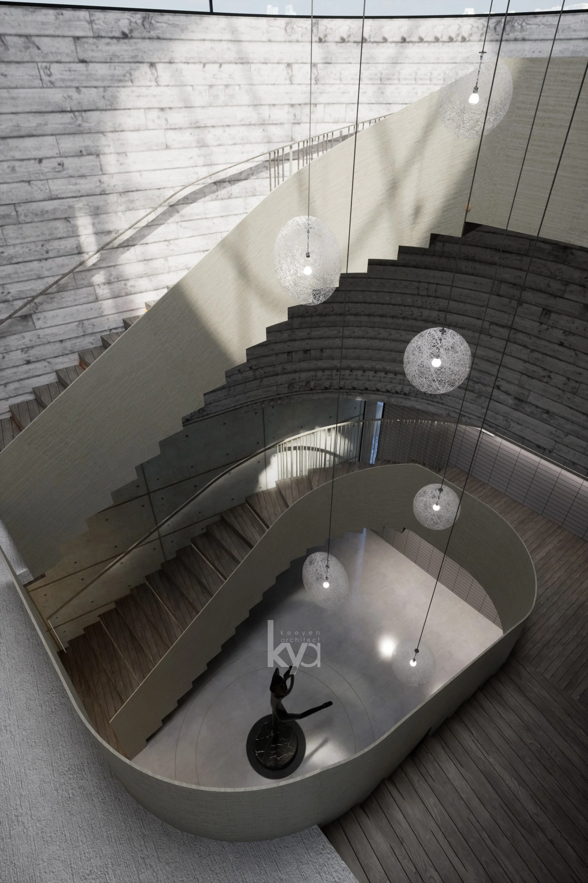 A modern, multi-level interior staircase with a curved, beige barrier, hanging pendant lights, and a black sculpture of a woman in a white oval-shaped area.